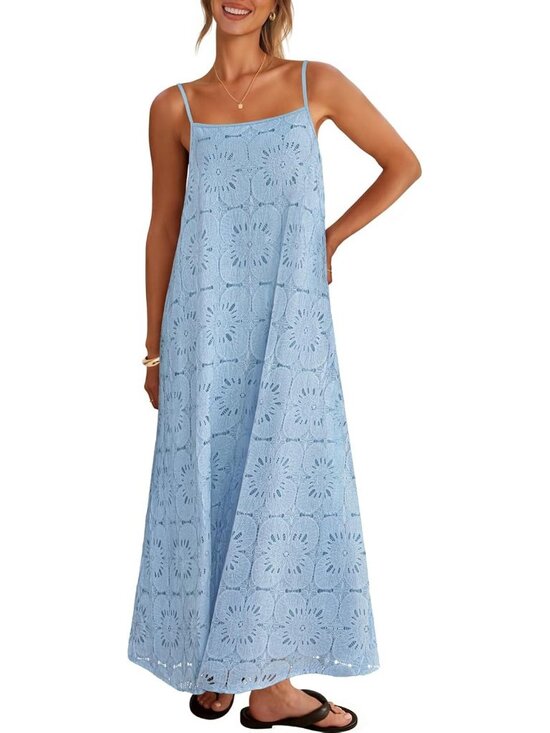Dresses & Skirts - Women's Blue Summer Casual Sleeveless Floral Lace Eyelet Boho Beach Maxi Dress